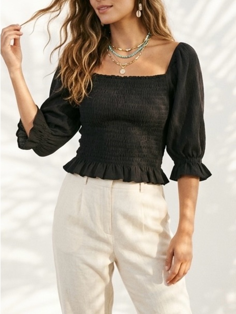American Eagle Washed Black Smocked Square Neck Cropped Blouse Cottagecore S